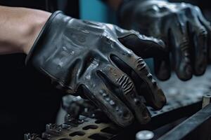 avvicinamento di lavoratori mani nel nero guanti Lavorando su auto motore, un' avvicinamento Visualizza di fabbrica lavoratore mani nel azione, ai generato foto