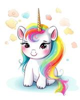 bambino unicorno cartone animato illustrazione su un' bianca sfondo. unicorno cuccioli con arcobaleno colore capelli. arcobaleno unicorno bambino con colorato capelli e corno. bambino unicorno design. ai generato. foto