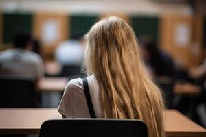 indietro Visualizza di femmina alunno seduta a il scrivania e ascoltando per conferenza nel conferenza sala, un' alto scuola ragazza con fluente Aperto capelli, ai generato foto