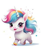 contento unicorno cucciolo in esecuzione illustrazione. carino bambino unicorno per bambini. unicorno cucciolo illustrazione con colorato capelli e corno. bambino unicorno addormentato e seduta illustrazione con arcobaleni. ai generato. foto