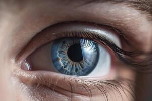 realistico umano occhio avvicinamento Visualizza con il blu cornea. dettagliato macro cornea e il umano occhio con bellissimo ciglia. femmina occhio illustrazione con il blu cornea e ciglia. generativo ai. foto