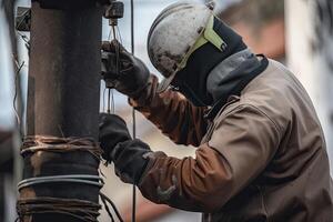 elettricista nel un' protettivo maschera e guanti saldatura su alto voltaggio elettrico palo, un' lavoratore uomo avvicinamento posteriore Visualizza riparazione elettrico attrezzatura, ai generato foto