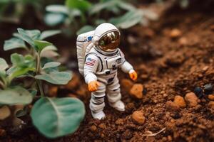 miniatura astronauta in piedi su il terra e guardare a pianta. astronauti in crescita pianta agricoltura e agricoltura su altro pianeti, ai generato foto