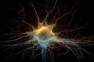 colorato neuroni raggiante su un' buio sfondo. umano cervello cellula avvicinamento tiro con connessione Linee. biologia concetto con un' umano cervello neurone. macro cervello cellule su un' buio sfondo. generativo ai. foto