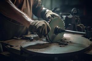 avvicinamento di un' lavoratore utilizzando un' circolare sega per tagliare un' pezzo di metallo, un industriale lavoratori mani vicino su di Lavorando nel progetto, ai generato foto