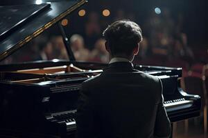 posteriore Visualizza di un' uomo nel un' completo da uomo giocando il pianoforte. un' pianista giocando un' mille dollari pianoforte con passione e competenza, ai generato foto