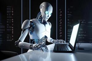 3d interpretazione umanoide robot Lavorando con il computer portatile computer nel buio ufficio camera, un' futuristico ai robot pirateria siti web utilizzando un' computer, ai generato foto