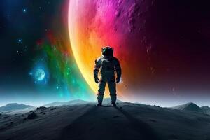 astronauta nel spazio. misto media. misto media. misto media, un astronauta indossare un' spazio completo da uomo con un' pieno posteriore Visualizza nel colorato spazio, ai generato foto