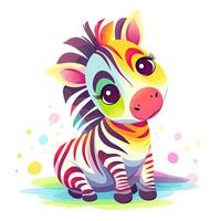 carino bambino zebra collezione, giocando e sorridente su un' bianca sfondo. colorato bambino zebra impostato illustrazione con carino occhi e colore spruzzata. bambino zebra seduta e sorridente. generativo ai. foto