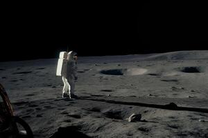 astronauta su il superficie di il Luna. spazio esplorazione. un astronauta sta su il superficie di il Luna e guardare a terra, ai generato foto