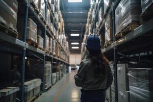posteriore Visualizza di un' femmina magazzino lavoratore guardare a scaffali nel un' magazzino, un' femmina magazzino del manager retrovisore, in piedi nel il magazzino, ai generato foto