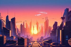 paesaggio urbano a tramonto illustrazione. paesaggio urbano a tramonto. 3d gioco città futuristico cartone animato stile blu tramonto ai generato foto