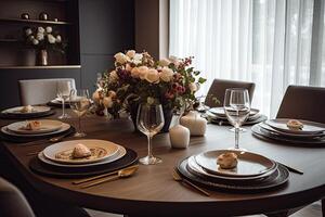 elegante tavolo ambientazione con piatti, bicchieri e posate, un' lussuoso cenare tavolo impostato ornato con scintillante posate e elegante cristalleria, ai generato foto