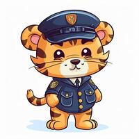 tigre poliziotto cartone animato collezione. carino tigre cucciolo indossare polizia vestiti. bellissimo tigre polizia cartone animato design su bianca sfondi. bambino tigre illustrazione impostare. ai generato. foto