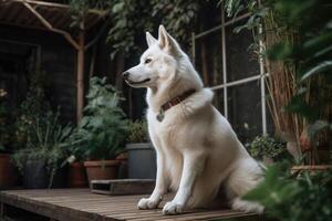 ritratto di un' bellissimo bianca siberiano rauco cane seduta nel il giardino ai generato foto