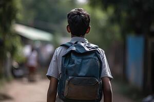 indietro Visualizza di un' scolaro con un' zaino guardare a il telecamera. un' adolescenziale alunno trasporto un' scuola zaino, ai generato foto