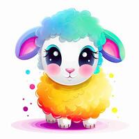 colorato bambino agnello impostato illustrazione con carino occhi e colorato di lana. carino bambino pecora collezione, giocando e sorridente su un' bianca sfondo. bambino pecora seduta e sorridente. generativo ai. foto