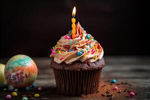 Pasqua Cupcake con ardente candela e cioccolato uova su di legno sfondo, un' contento compleanno Cupcake con così molti dolce condimenti e candela, ai generato foto