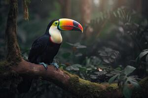 tucano seduta su un' ramo nel il foresta pluviale. toco tucano. un' tucano seduta su un' ramo nel il giungla, ai generato foto