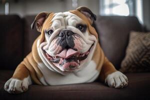 inglese bulldog seduta su un' divano nel il vivente camera a casa ai generato foto