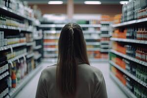 indietro Visualizza di giovane donna guardare a scaffali con bottiglie di vino nel supermercato, un' posteriore Visualizza di un' donna acquisto prodotti nel un' negozio, Tenere shopping borse, ai generato foto