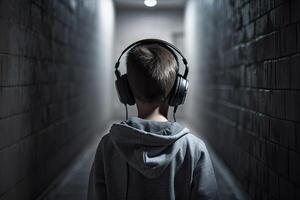 poco ragazzo ascoltando per musica con cuffie nel un' buio camera con mattone parete, un' giovane ragazzo pieno posteriore Visualizza con cuffie ascoltando musica, ai generato foto