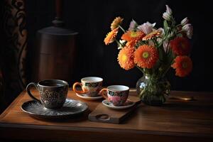 tazza di caffè e fiori su un' di legno tavolo. ancora vita, un' tazza di caffè su un' di legno tavolo con un' completamente decorato prima colazione diffusione e un' vaso di fiori, ai generato foto