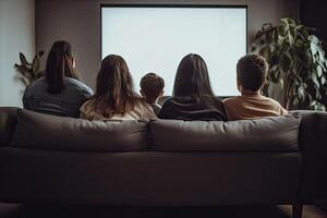 indietro Visualizza di giovane amici Guardando film su tv nel vivente camera a casa. un' famiglia posteriore Visualizza seduta insieme e godendo qualità volta, ai generato foto