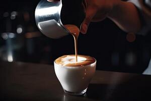 barista scrosciante latte in un' tazza di latte macchiato arte caffè. un' planetario sistema e spazio con stelle, ai generato foto