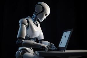 3d interpretazione umanoide robot Lavorando con il computer portatile computer su nero sfondo. un ai robot la creazione di disegni con un' computer portatile, ai generato foto