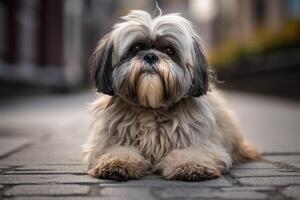 shih tzu cane su il strada. shih tzu è un' razza di cane nel il shih tzu famiglia. ai generato foto