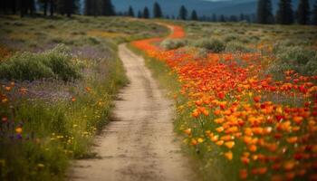 vivace fiori selvatici fiorire nel un' tranquillo rurale prato scena generato di ai foto