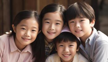 sorridente bambini di diverso etnie seduta all'aperto guardare a telecamera generato di ai foto