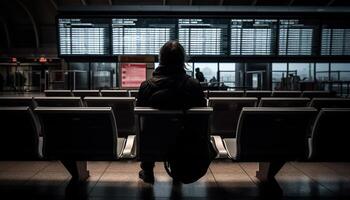 uno persona in attesa, seduta su sedia, dentro aeroporto partenza la zona generato di ai foto