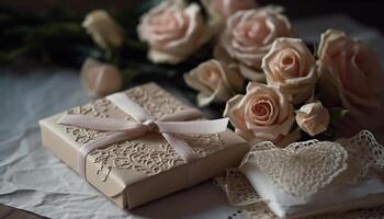 romantico regalo scatola avvolto nel ornato carta e cuore sagomato decorazione generato di ai foto