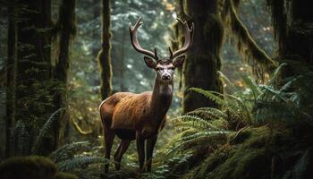 cornuto cervo in piedi nel tranquillo foresta, circondato di verdura generato di ai foto