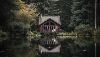 tranquillo scena di un vecchio stile log cabina nel un' foresta generato di ai foto