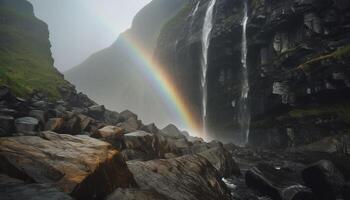 maestoso montagna gamma, tranquillo scena, fluente acqua, autunno fogliame generato di ai foto