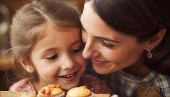 sorridente madre e figlia godendo dolce cibo nel domestico cucina generato di ai foto