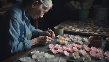 anziano uomo e donna fabbricazione ceramica vaso nel casa laboratorio generato di ai foto