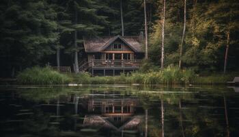 tranquillo scena di vecchio casa-barca riflette verde foresta e pino alberi generato di ai foto