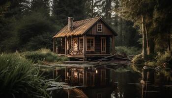 tranquillo scena di un vecchio stile log cabina generato di ai foto