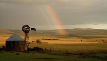 rustico mulino a vento genera alternativa energia nel tranquillo non urbano paesaggio generato di ai foto