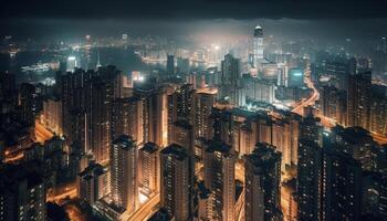 illuminato grattacieli leggero su il affollato città strada a crepuscolo generato di ai foto
