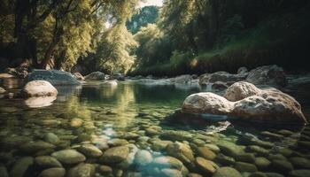 tranquillo scena di fluente acqua nel un' non urbano paesaggio generato di ai foto