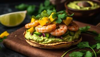 grigliato frutti di mare piatto con fresco guacamole, coriandolo, e lime generato di ai foto