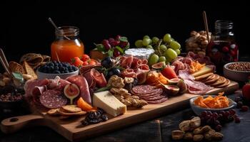 varietà di buongustaio Antipasti su rustico di legno tavolo per pranzo generato di ai foto