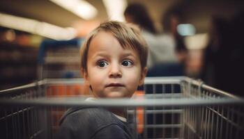 sorridente bambino piccolo detiene cibo, guardare a telecamera nel supermercato shopping generato di ai foto