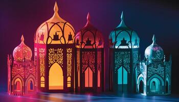 Ramadan notte illuminato minareto, Arabo decorazione, spiritualità, e preghiere simbolo generato di ai foto