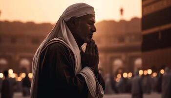 uomo preghiere a tramonto nel tradizionale vestiario, messa a fuoco su spiritualità generato di ai foto